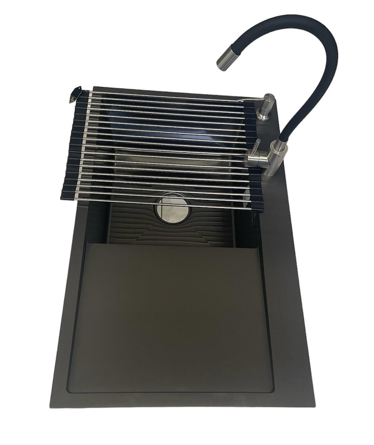 Мойка кухонная Kroner 7849LHM левая и смеситель для кухни с гибким изливом Kroner ESG035BLK