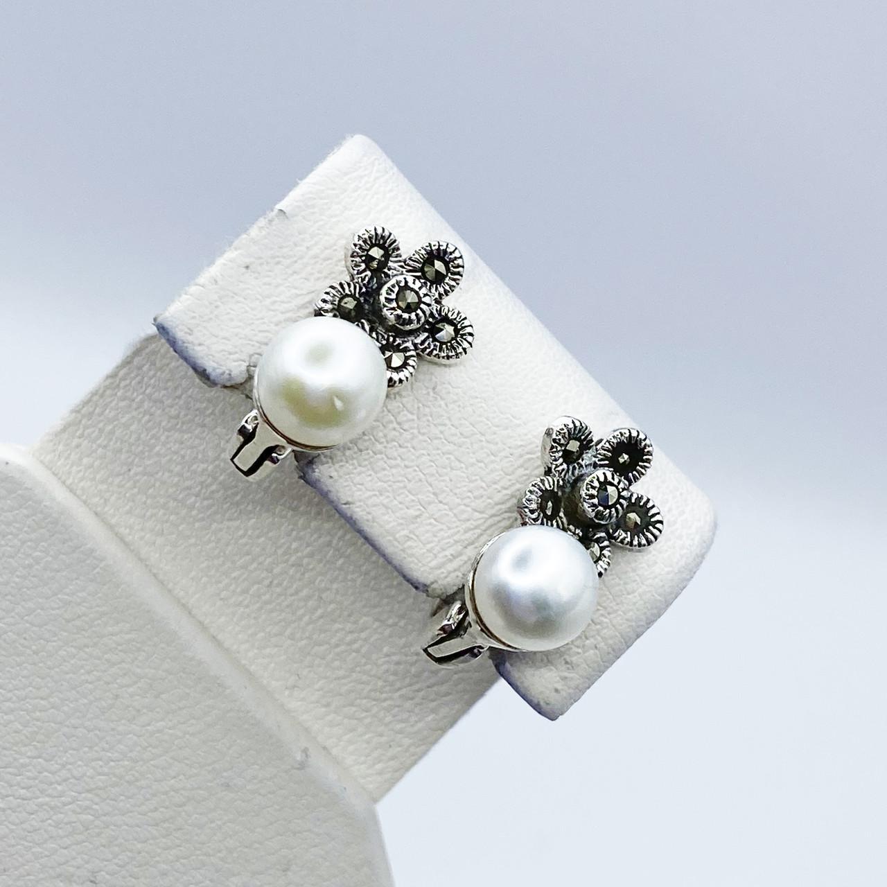 Серьги серебряные с жемчугом и марказитом 4,88 г (2252588616)
