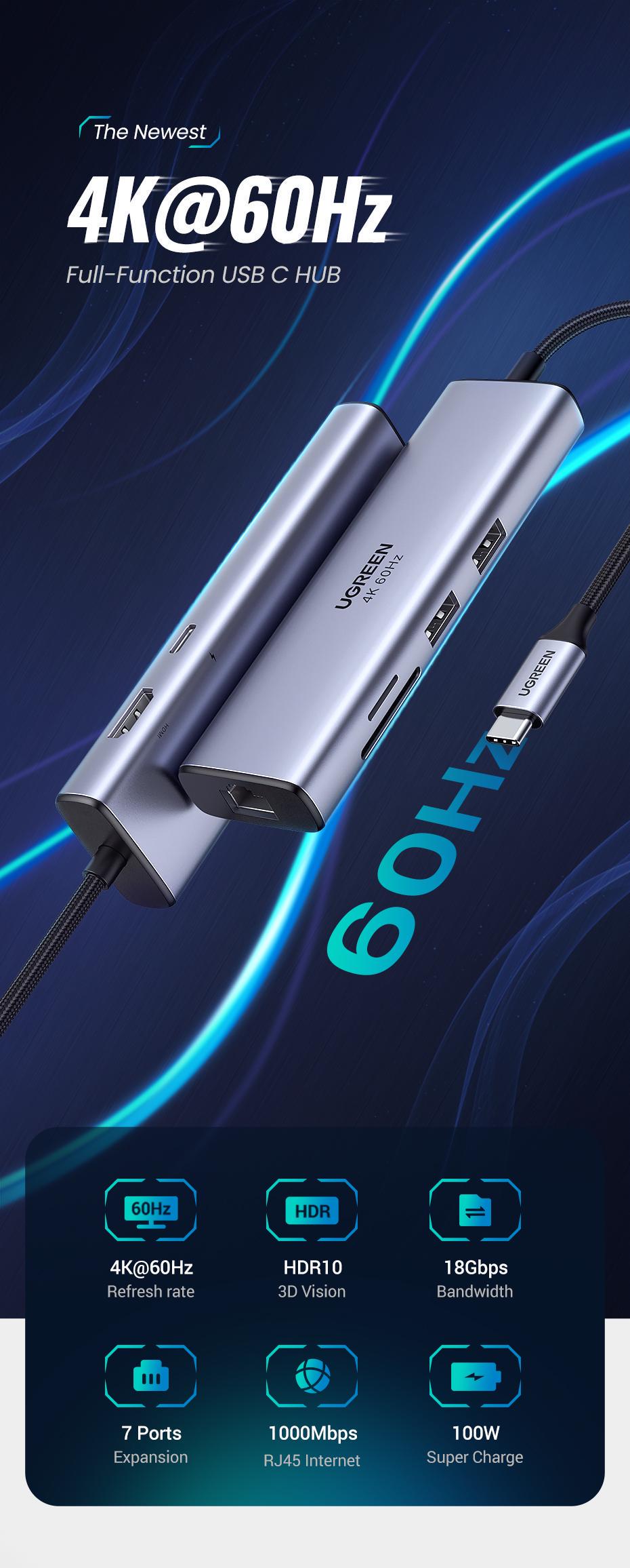 USB-хаб UGREEN Type-C-2x USB 3.0/5 Гбіт/с HDMI 4K 60Hz/SD/TF карти RJ45 1 Гбіт/с Type-C PD 100W USB-C Сірий (60515) - фото 2 USB-хаб UGREEN Type-C-2x USB 3.0/5 Гбіт/с HDMI 4K 60Hz/SD/TF карти RJ45 1 Гбіт/с Type-C PD 100W USB-C Сірий (60515) - фото 2