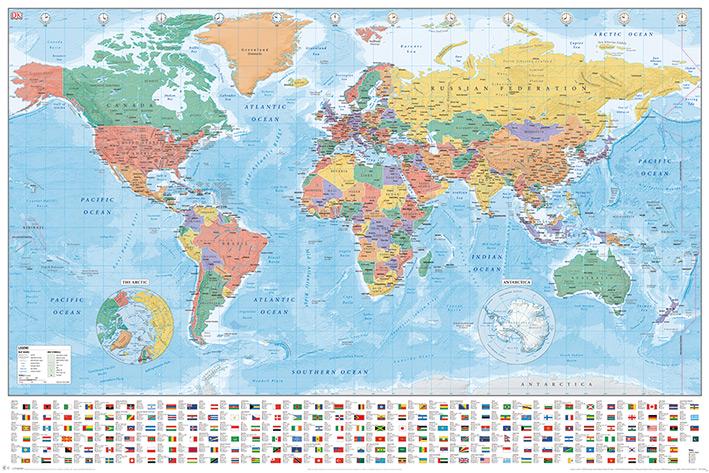 Постер плакат Карта Мира Флаги и Факты/World Map Flags and Facts 61x91,5 см - фото 1