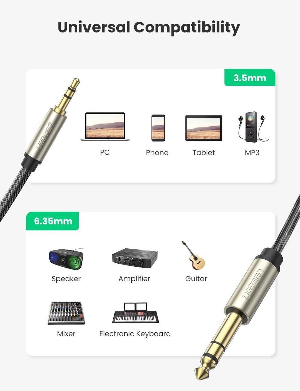 Кабель аудіо Ugreen TRS 3,5 мм to 6,35 мм TS 1 м Black (AV127) - фото 6