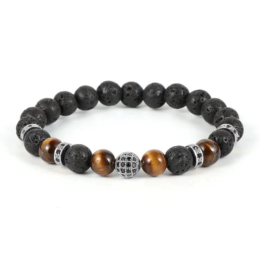 Браслет з лавового каменю та тигрового ока з кулею та дисками р. 23 Чорний/Коричневий/Срібний (90107)