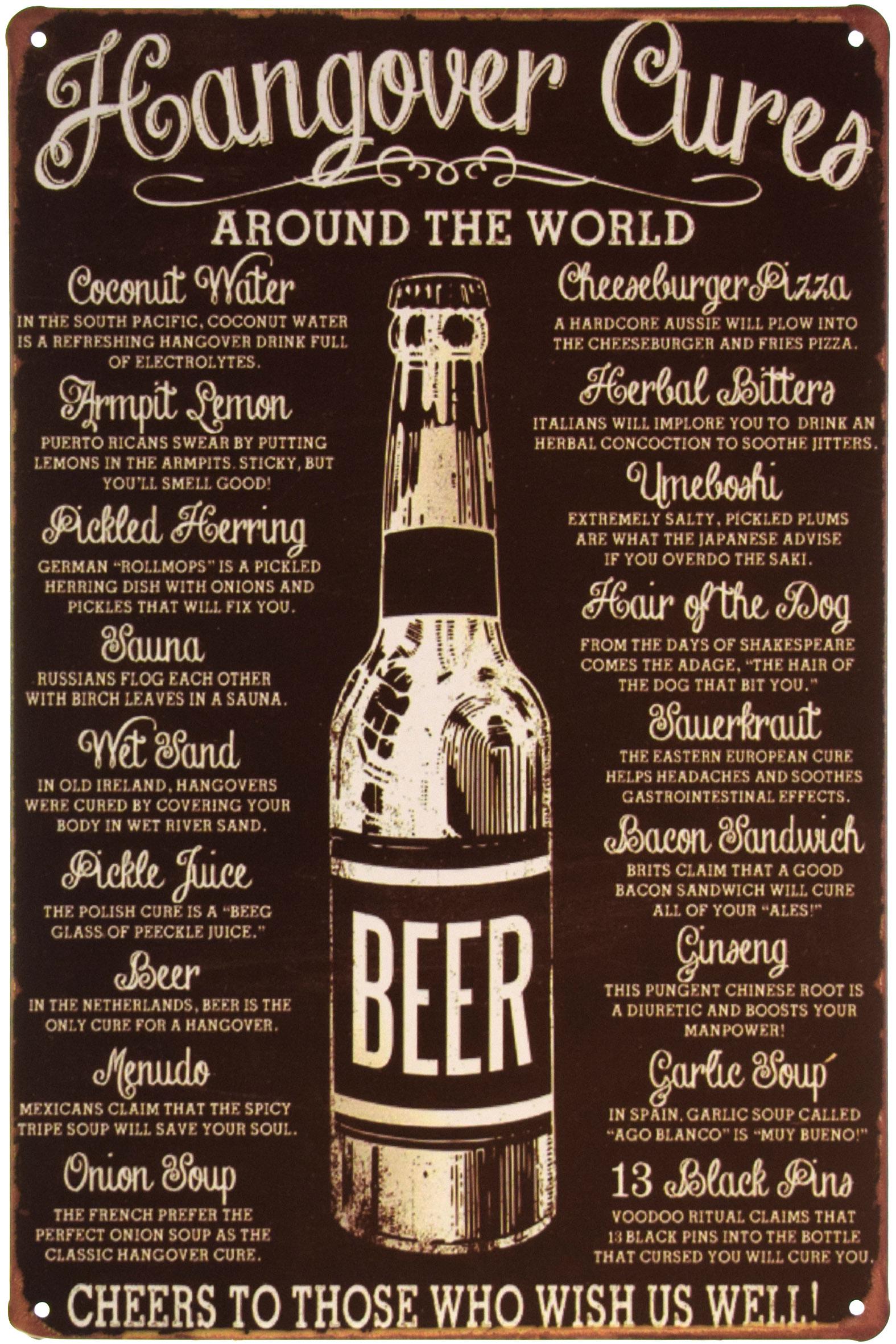 Табличка металлическая Лечение Похмелья Во Всем Мире/Hangover Cures Around The World 20x30 см