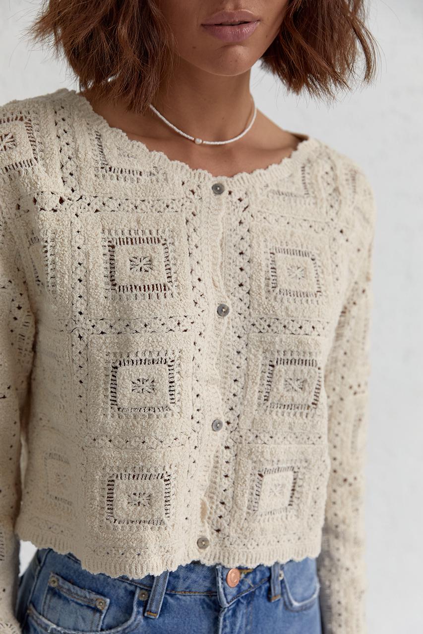 Кардиган короткий на пуговицах L Бежевый (11352434) - фото 4 Кардиган короткий на пуговицах L Бежевый (11352434) - фото 4