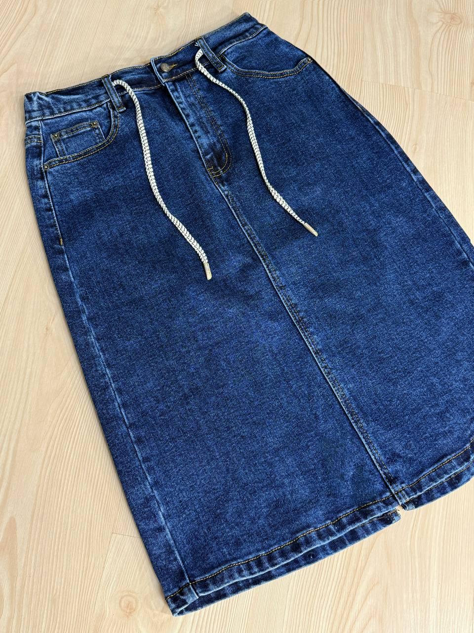 Юбка женская джинсовая Vanver 8237 резинка шнурок с разрезом вареная миди р. 34 Синий (4781) - фото 9