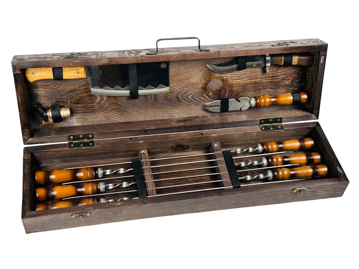 Подарочный набор шампуров ручной работы Мясник мини 10 предметов в кейсе 74х20х14 см Коричневый (124-10-KS-7709)