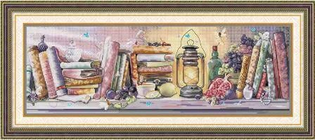 Набор для вышивания по нанесённой на канву схеме Oil Lamp Bookshelf AIDA 14CT printed 62х23 см Набор для вышивания по нанесённой на канву схеме Oil Lamp Bookshelf AIDA 14CT printed 62х23 см