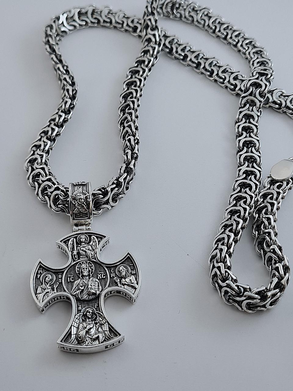 Комплект мужской из серебра 925 пробы цепочка Рамзес 55 см и крестик с ликами святых 18 г