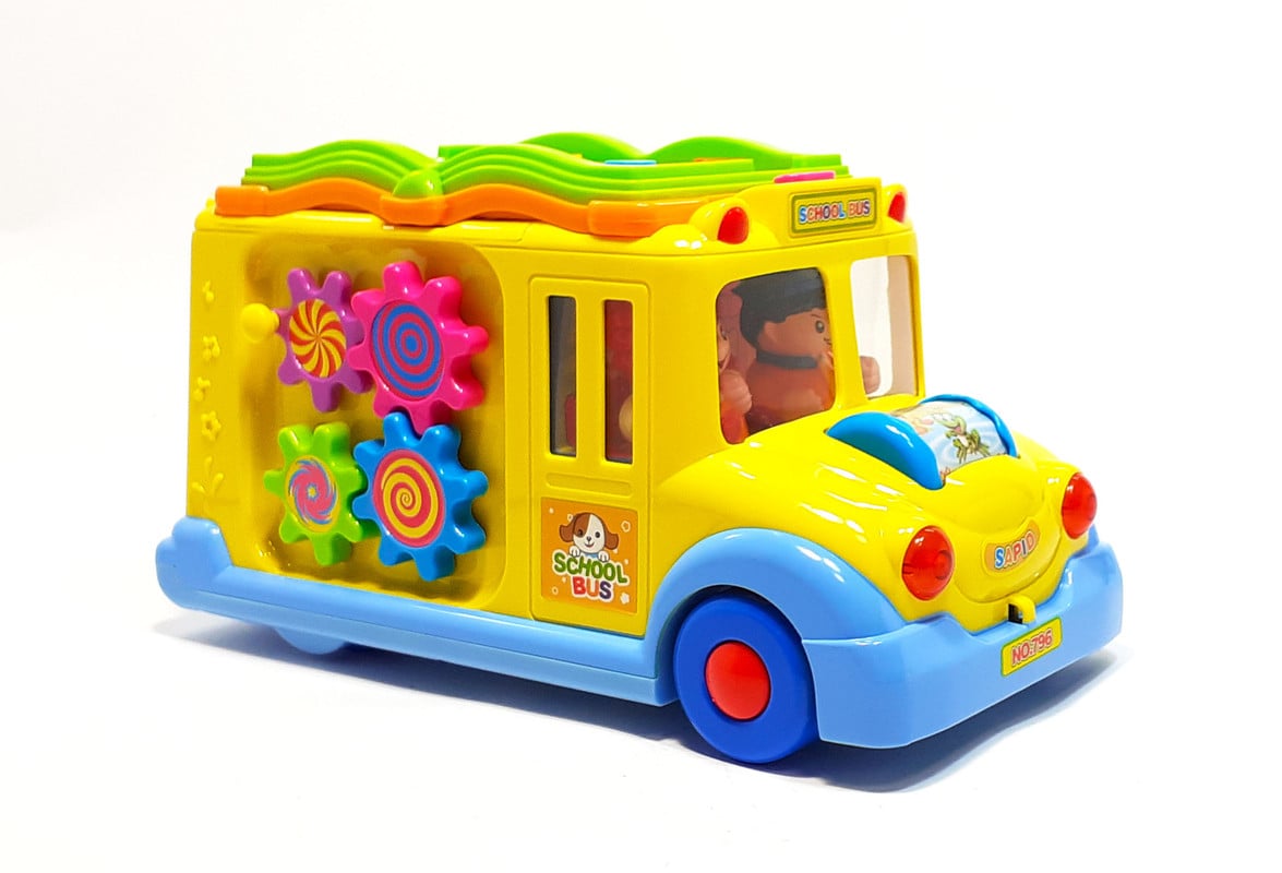 Интерактивная музыкальная развивающая игрушка Hola Toys Бизиборд-Каталка Школьный Автобус разноцветная.