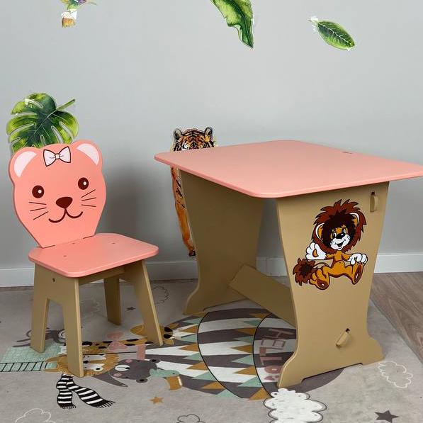 Столик дитячий Левеня Котик прямокутний зі стільчиком з малюнком Рожевий
