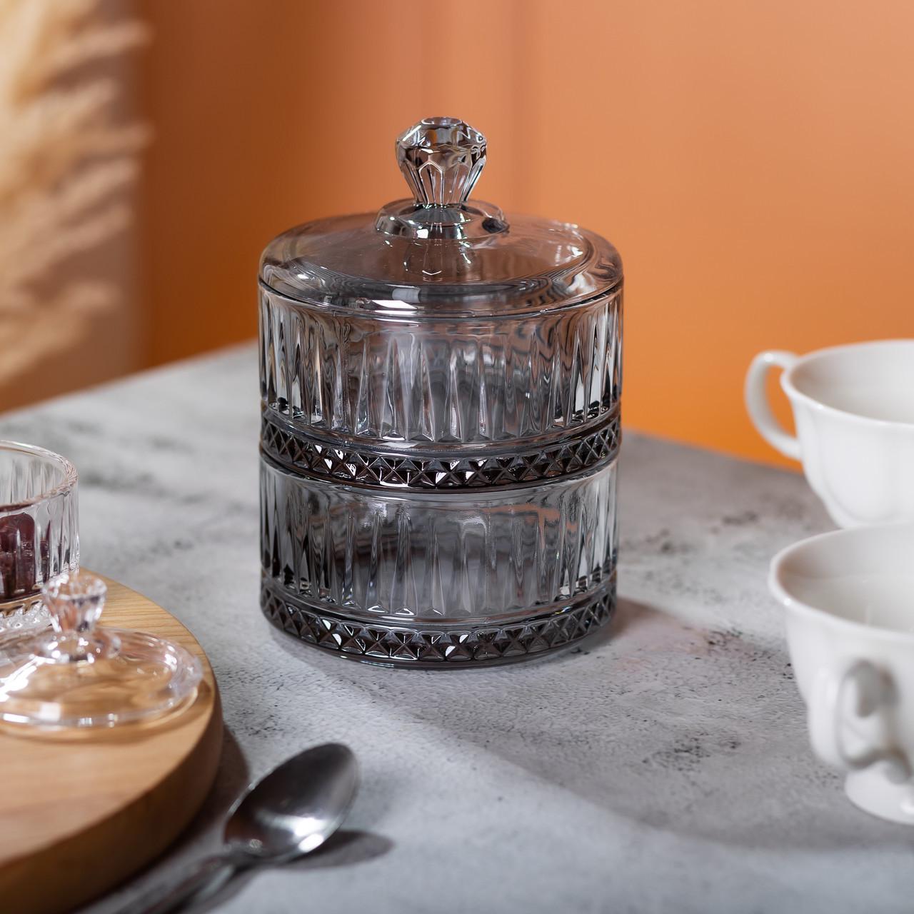 Цукерниця дворівнева з кришкою скляна HP-YH-77 Ø 10 см Сірий (A-033670) - фото 5