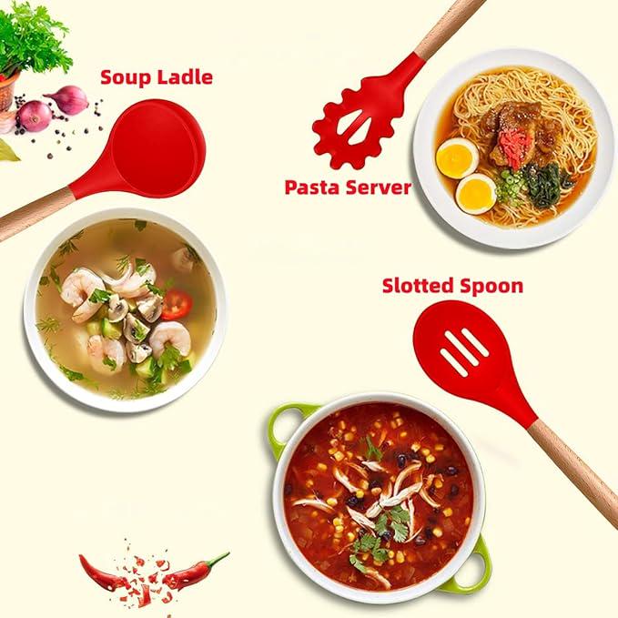 Набор кухонных принадлежностей Kayfovo KS-12S-3 из 12 силиконовых предметов половник/кухонные щипцы/лопатки Red (29297) - фото 12 Набор кухонных принадлежностей Kayfovo KS-12S-3 из 12 силиконовых предметов половник/кухонные щипцы/лопатки Red (29297) - фото 12