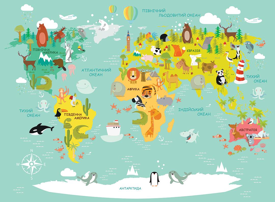 Карта мира детская на украинском языке 1,25х0,9 м (460081)