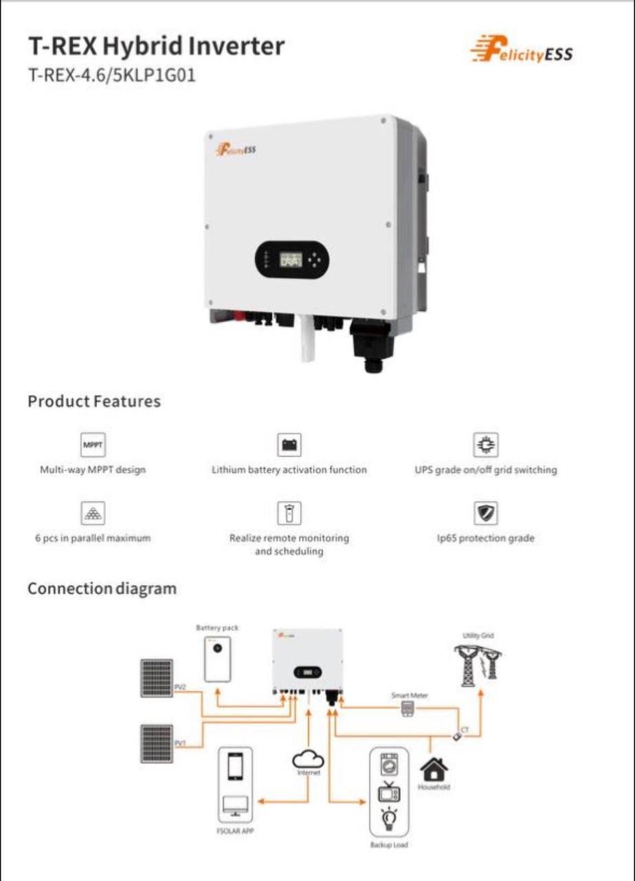 Інвертор для сонячної батареї гібридний Felicity T-REX-5KLP1G01 5000 Вт 48 В (2749508106) - фото 9 Інвертор для сонячної батареї гібридний Felicity T-REX-5KLP1G01 5000 Вт 48 В (2749508106) - фото 9