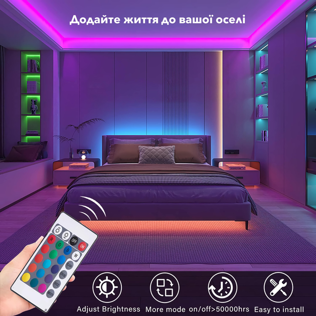 Світлодіодна стрічка RGB Smart Kayfovo LE-10 з пультом дистанційного керування/самоклеюча гнучка 5 м (28966) - фото 3 Світлодіодна стрічка RGB Smart Kayfovo LE-10 з пультом дистанційного керування/самоклеюча гнучка 5 м (28966) - фото 3