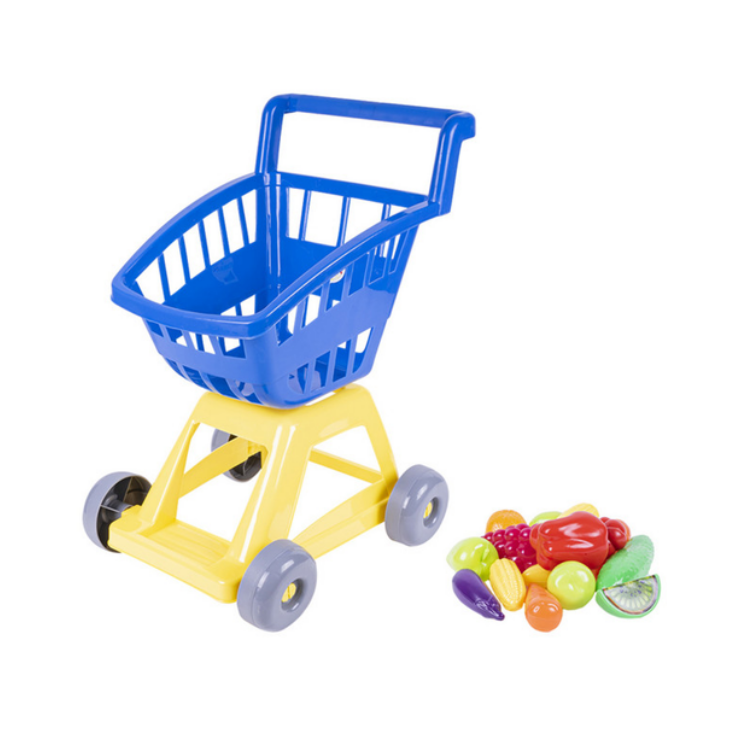 Візок для покупок Orion дитячий з корзиною та набором іграшкових фруктів та овочів Синій (693)