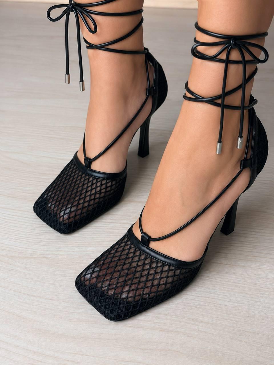 Туфли женские Meideli 502-8 mesh сетка с квадратным носком и шнуровкой на каблуке р. 36 Черный (7391)
