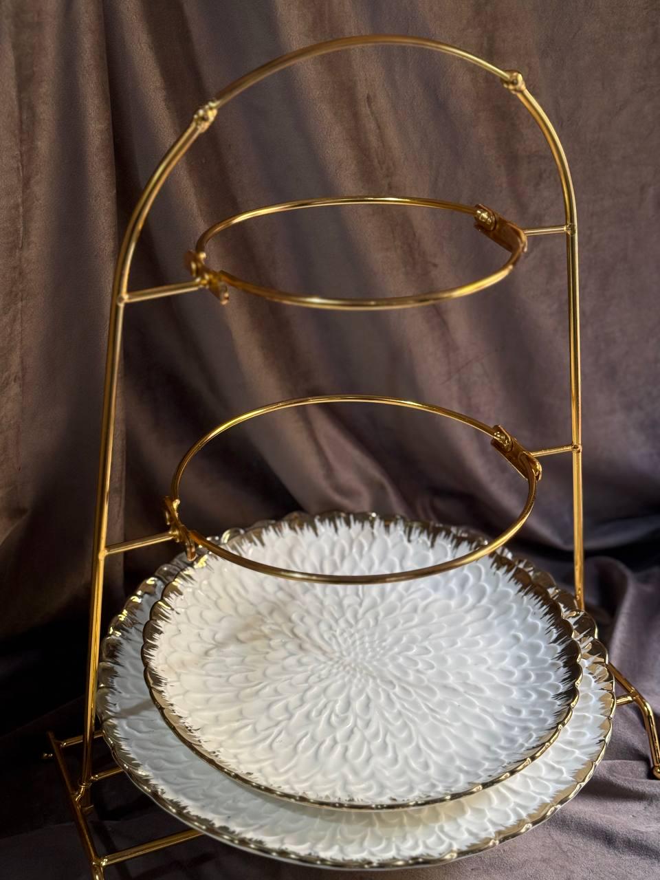 Фруктовниця-етажерка Yiwu YZH-009 порцелянова на металевій підставці 3 яруси 35х30х45 см Білий з золотистим (29919104) - фото 4