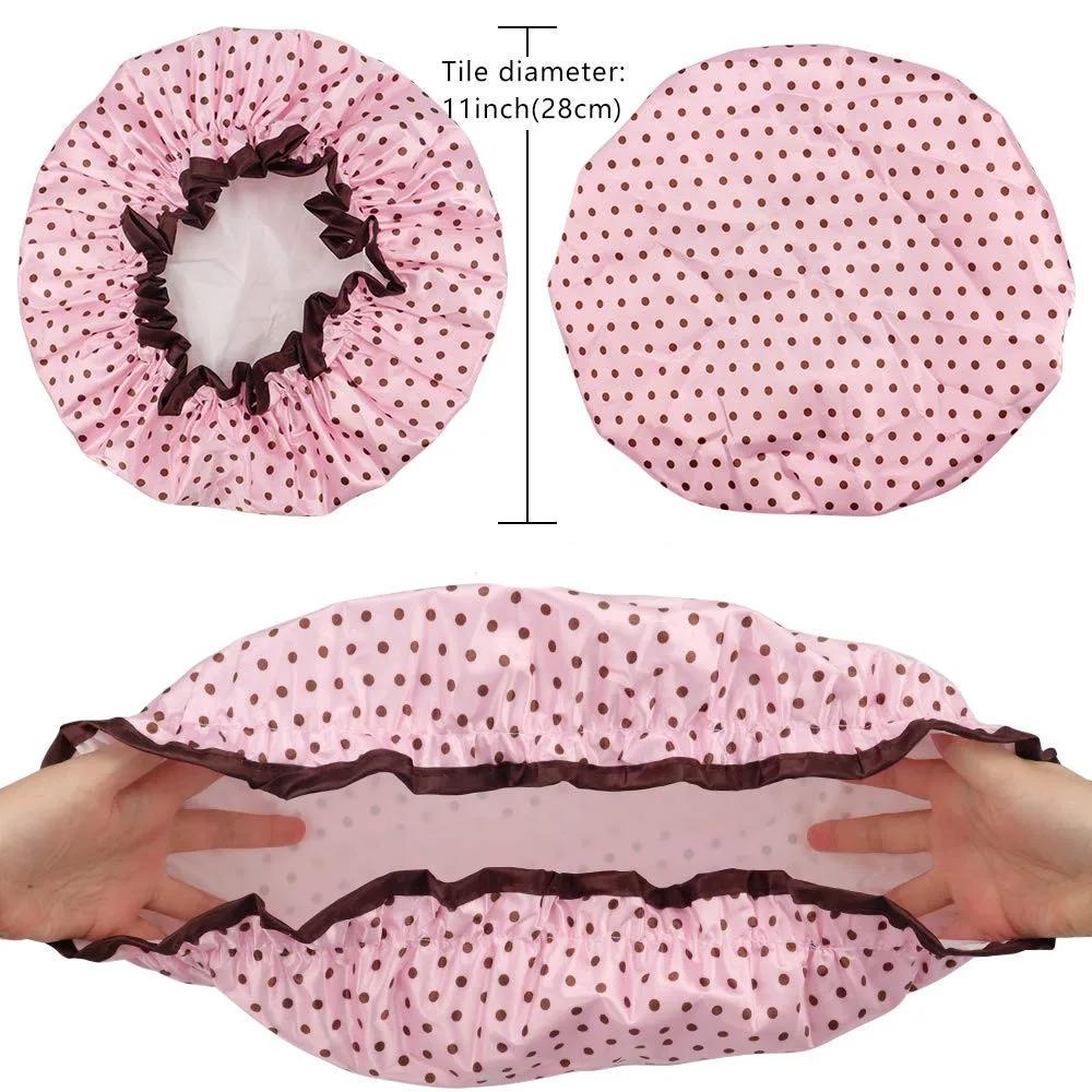Шапочка женская для душа многоразовая Горошек 28 см Розовый/Коричневый (2237406094) - фото 3