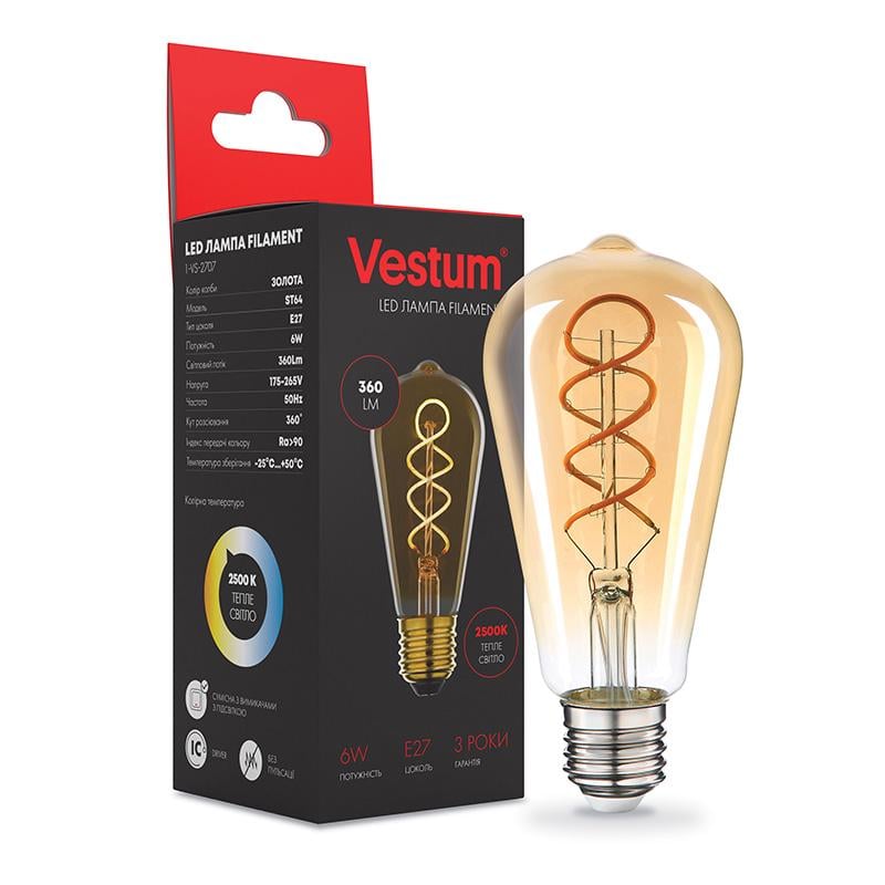 Лампа LED Vestum филамент винтаж golden t Wist ST64 Е27 6 Вт 220 V 2500К