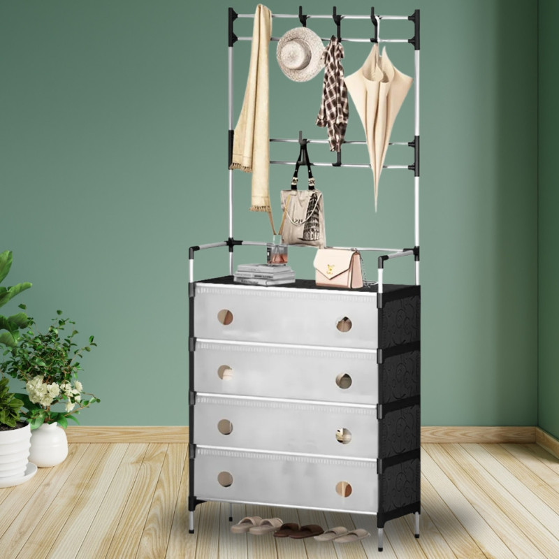 Вешалка напольная для одежды с подставкой для обуви 180х62х28 см 4 полки Черно-белый (opt-104016)