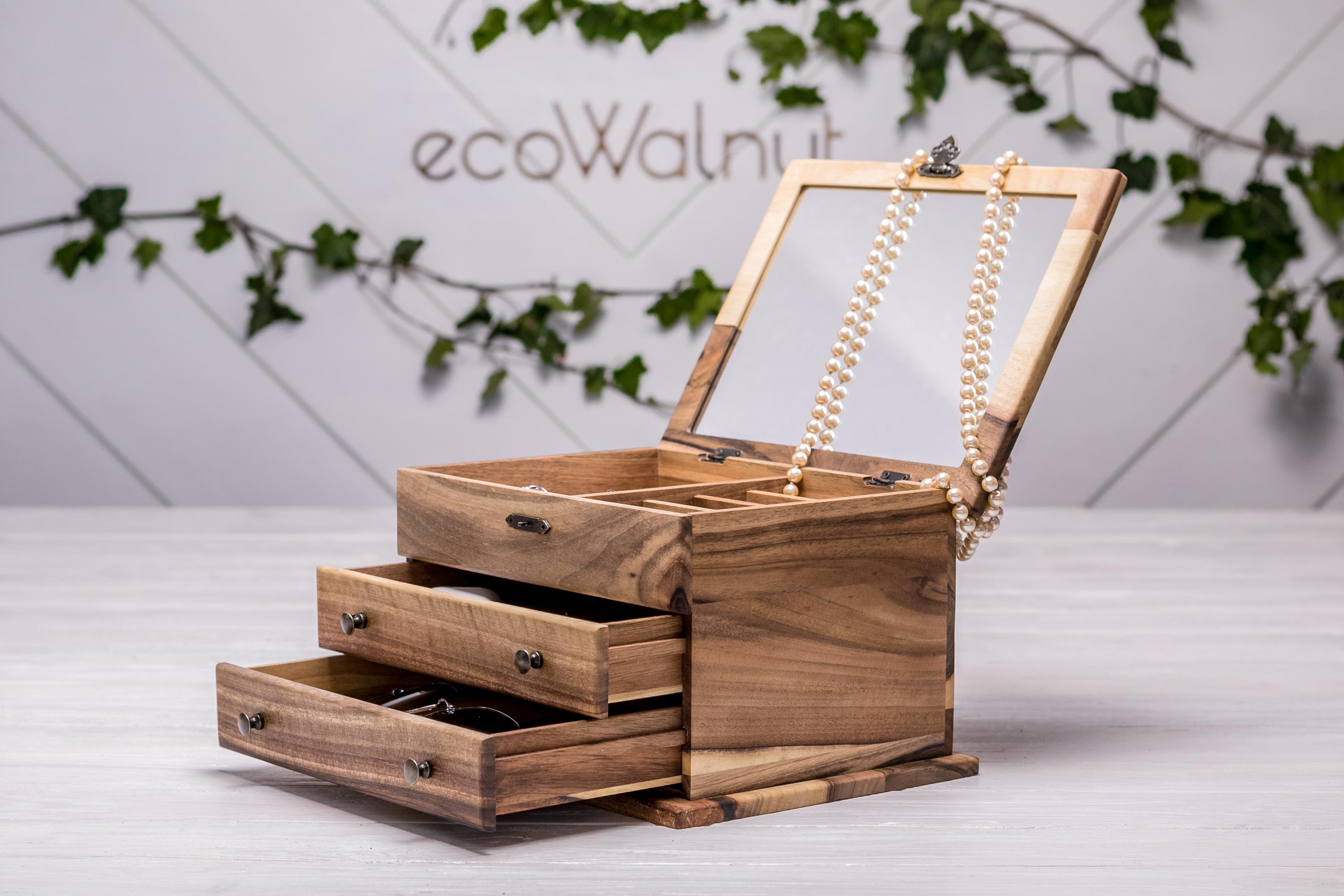 Шкатулка женская EcoWalnut с индивидуальным гравированием для украшений с зеркалом (EB-8) - фото 10