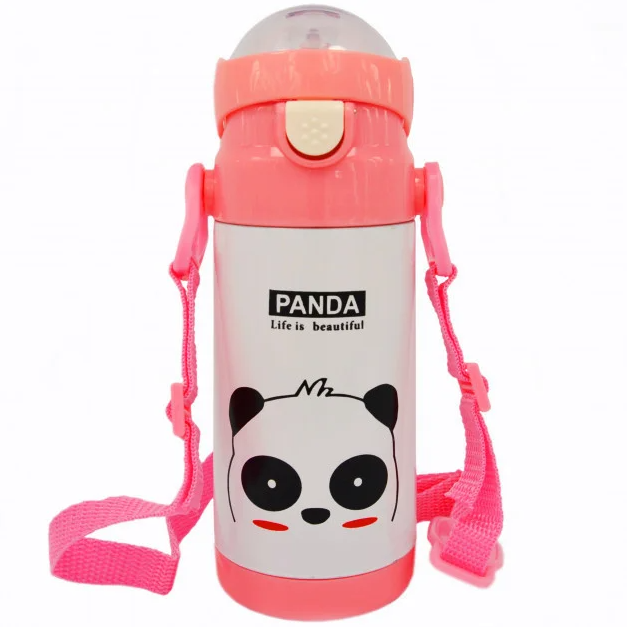 Термос-поилка с ремешком Stenson 500 мл Панда Розовый (MMS-MT-2089)