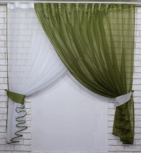 шторы кухонные с подвязками на кухню шифон 330х170 см Хаки/Белый (060к)