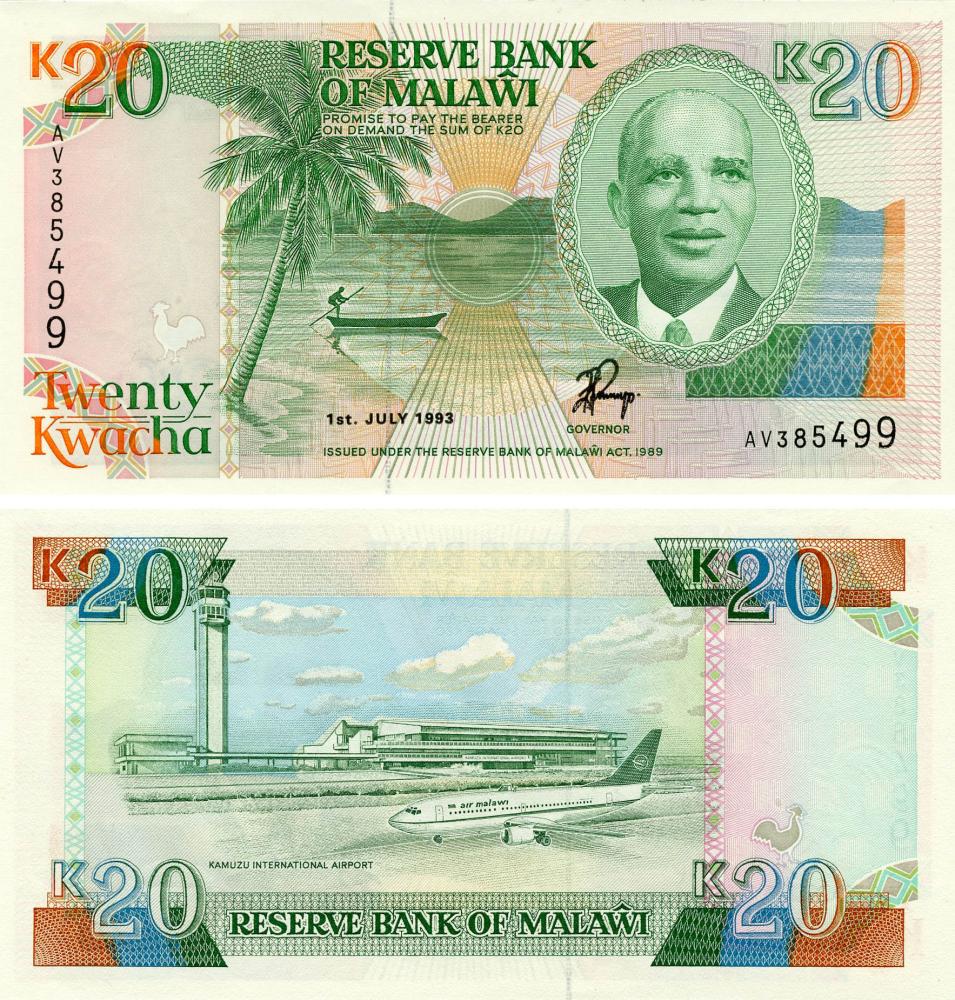 Коллекционная банкнота Малави 20 квача 1993 UNC P27 (Б18265)