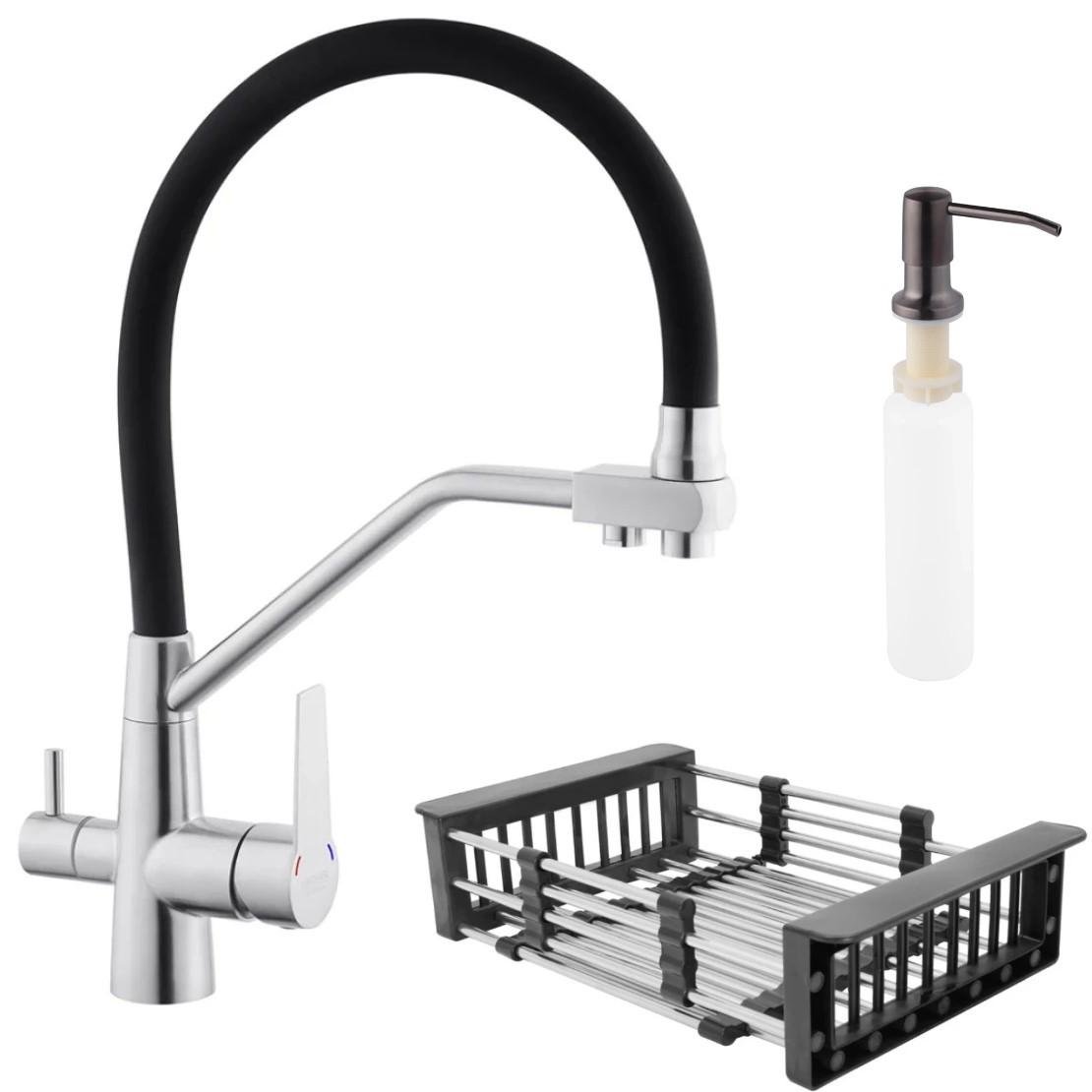 Смеситель-кран для кухни Kroner KRP Edelstahl Klassisch ESG03817BLK/корзина и дозатор