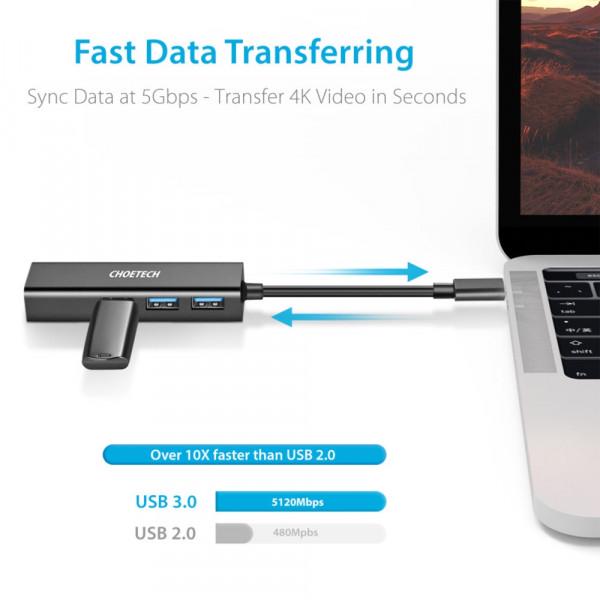Хаб Choetech USB-C 3.1-3 порту USB 3.0 + Ethernet RJ45 1000 Мбіт/с (615326) - фото 3