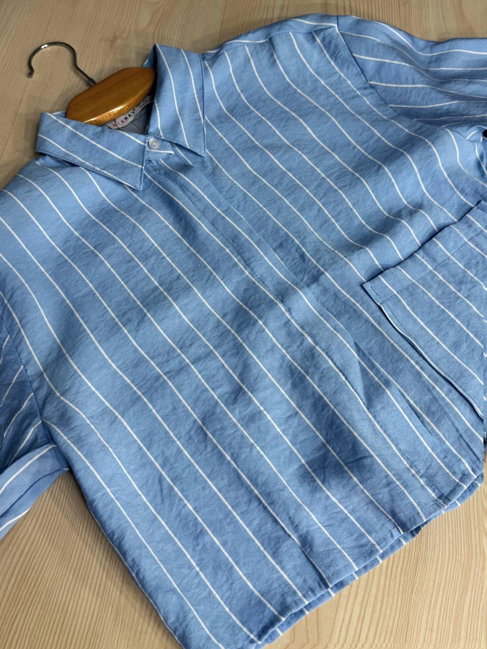 Сорочка жіноча MIX RAY 4447 укорочена з кишенею у тонку смужку M Блакитний (1398) - фото 5 Сорочка жіноча MIX RAY 4447 укорочена з кишенею у тонку смужку M Блакитний (1398) - фото 5