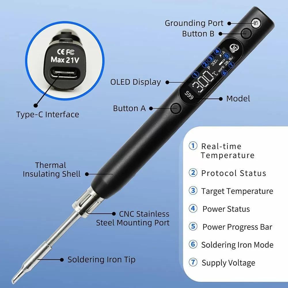 Паяльник з комплектом жал Sequre S99 з підтримкою PD QC DC PPS 21В 150 Вт (ART- 15229) - фото 7 Паяльник з комплектом жал Sequre S99 з підтримкою PD QC DC PPS 21В 150 Вт (ART- 15229) - фото 7