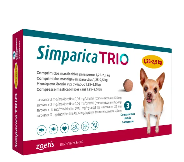 Таблетки Simparica TRIO от блох клещей и гельминтов для собак от 1,25 до 2,5 кг Таблетки Simparica TRIO от блох клещей и гельминтов для собак от 1,25 до 2,5 кг