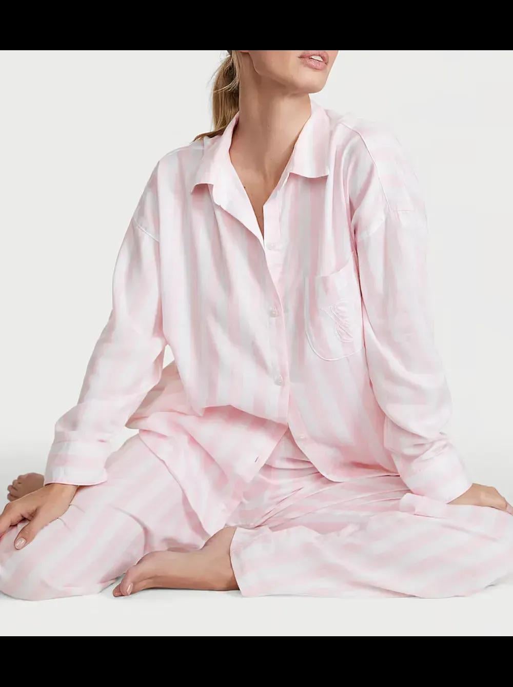 Піжама сорочка/штани бавовна Victoria's Secret Modal-Cotton Long Pajama смужка Set XS Рожевий (26748306)
