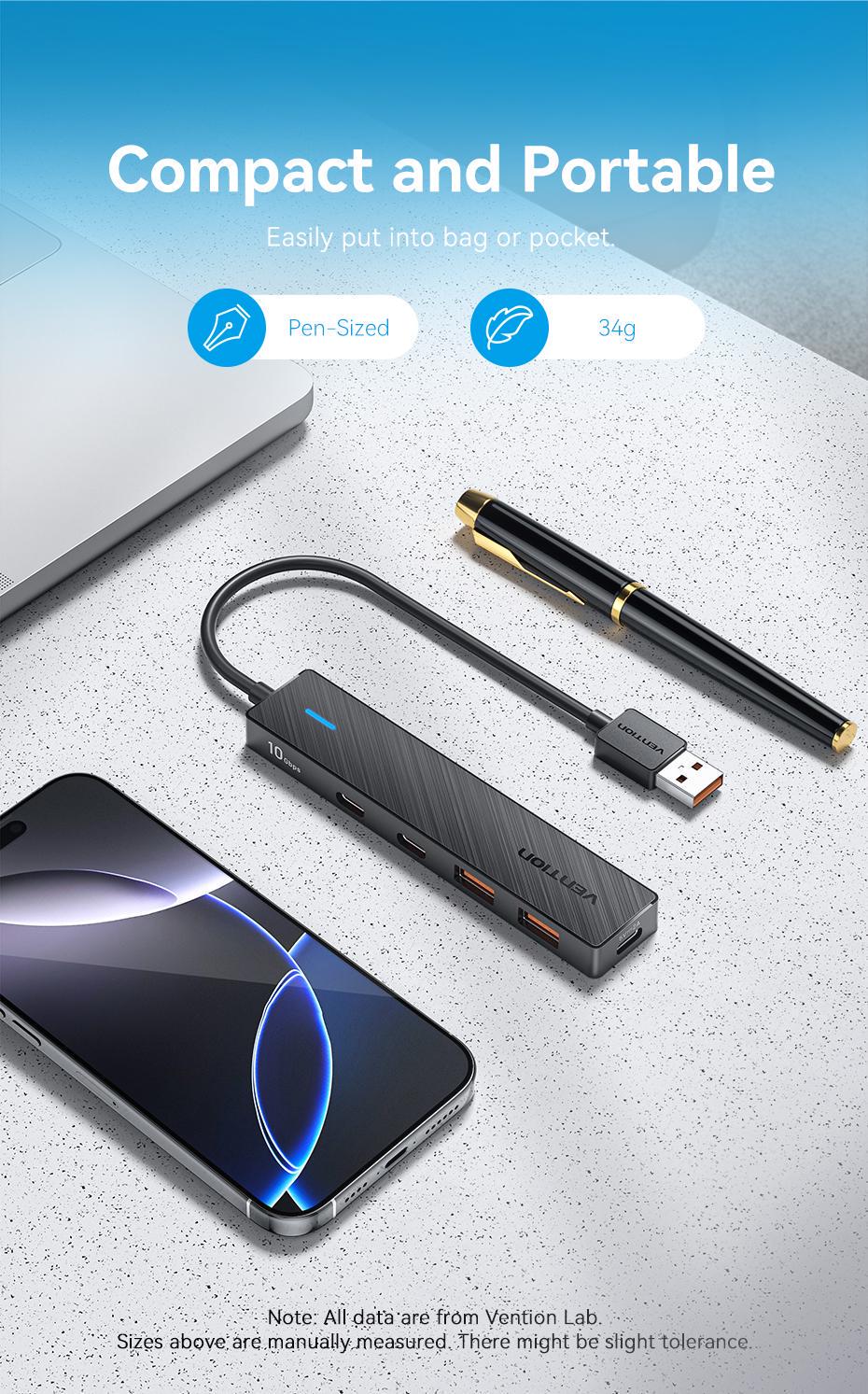 USB-хаб Vention USB-2x USB-A 3.2 Gen2 10 Гбіт/с 2x USB-C 3.2 Gen2 10 Гбіт/с Type-C 10Вт USB-A Чорний (CHSBB) - фото 3