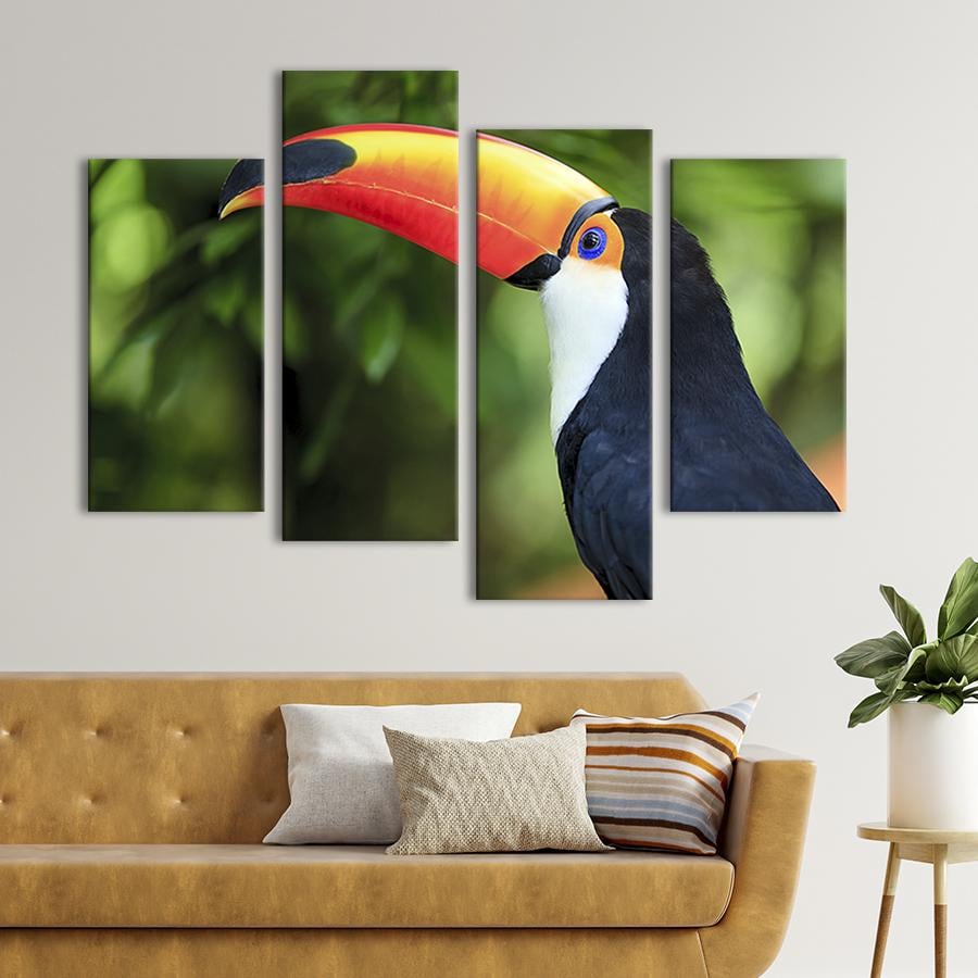 Модульная картина из четырех частей на холсте Тукан - необычная птица 89x56 см (128-42)
