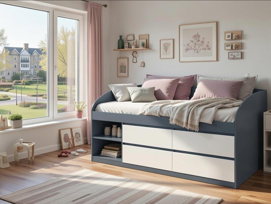 Кровать правосторонняя Мастер Форм Брайт 4 ящика односпальная 835х2032х840 мм спальное место 800х2000 мм Антрацитовый/Белый (30054)