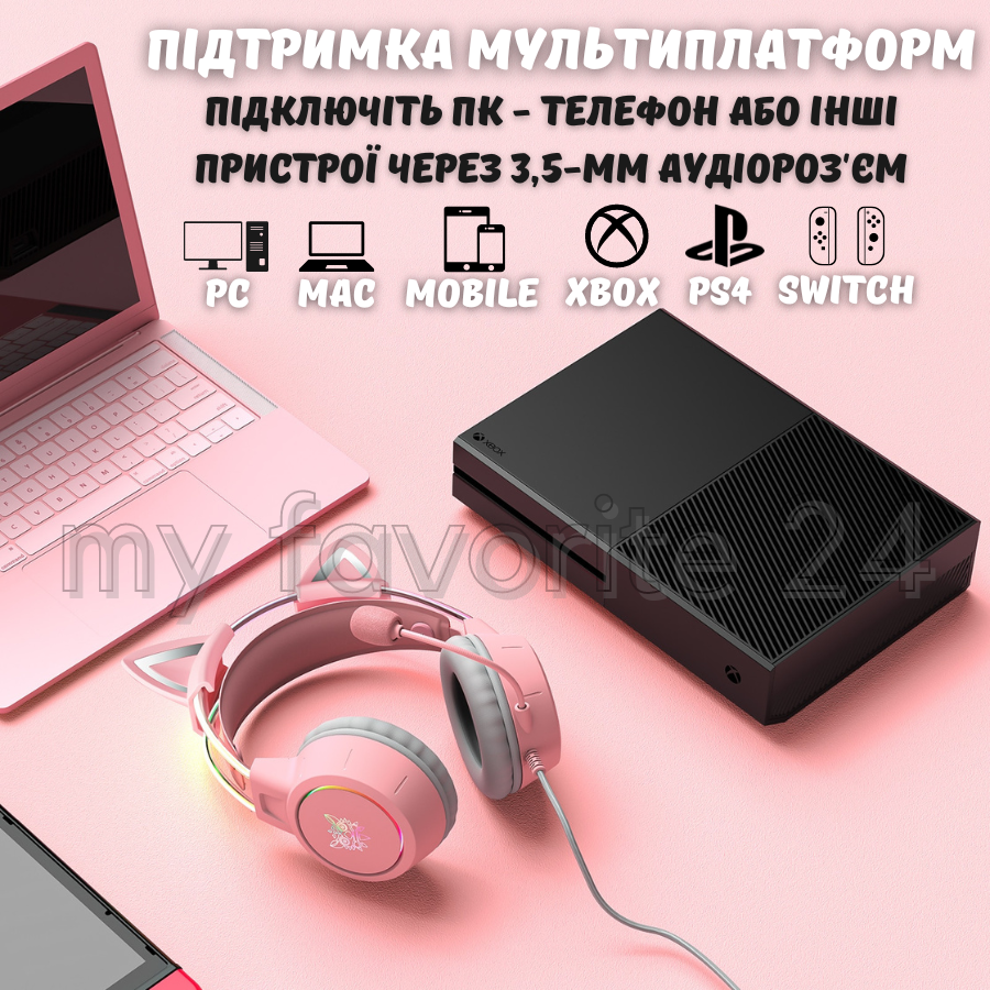 Навушники комп'ютерні Onikuma X15 Pro дротові з гарнітурою і котячими вушками та RGB-підсвіткою Рожевий (1896419416) - фото 2