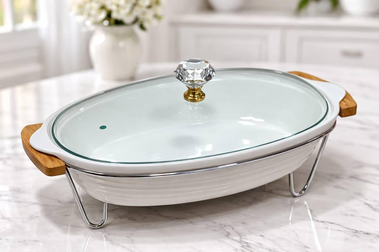 Форма для запекания керамическая овальная со стеклянной крышкой и подставкой 3 л (2952825942)