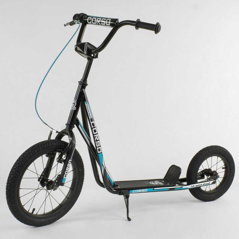Самокат детский Corso надувные колеса переднее 16/заднее 12/ручное переднее тормоз Black/Blue (86795) - фото 2 Самокат детский Corso надувные колеса переднее 16/заднее 12/ручное переднее тормоз Black/Blue (86795) - фото 2