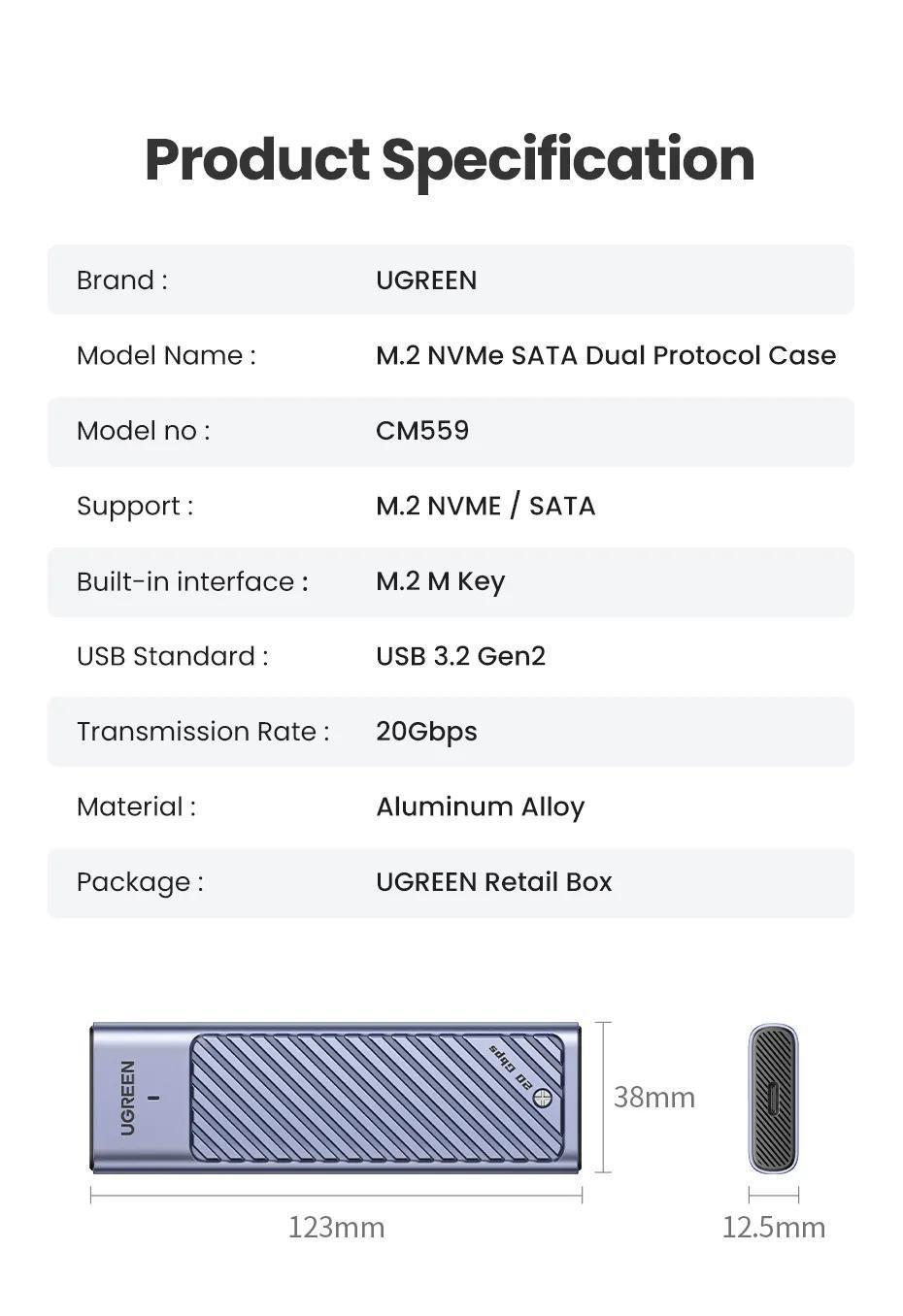Корпус UGREEN для M.2 NVME та SATA SSD дисків 20 Гбіт/с з Кабелем M та B&M 2280/2230/ 2242/2260 для PCI-e та NGFF Сріблястий (35576) - фото 9 Корпус UGREEN для M.2 NVME та SATA SSD дисків 20 Гбіт/с з Кабелем M та B&M 2280/2230/ 2242/2260 для PCI-e та NGFF Сріблястий (35576) - фото 9