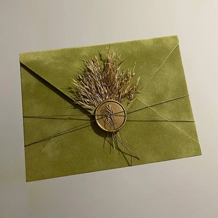 Конверт оксамитовий з підкладкою 15х11 см на магнітній застібці з печаткою та декором Оливковий (2675173242)