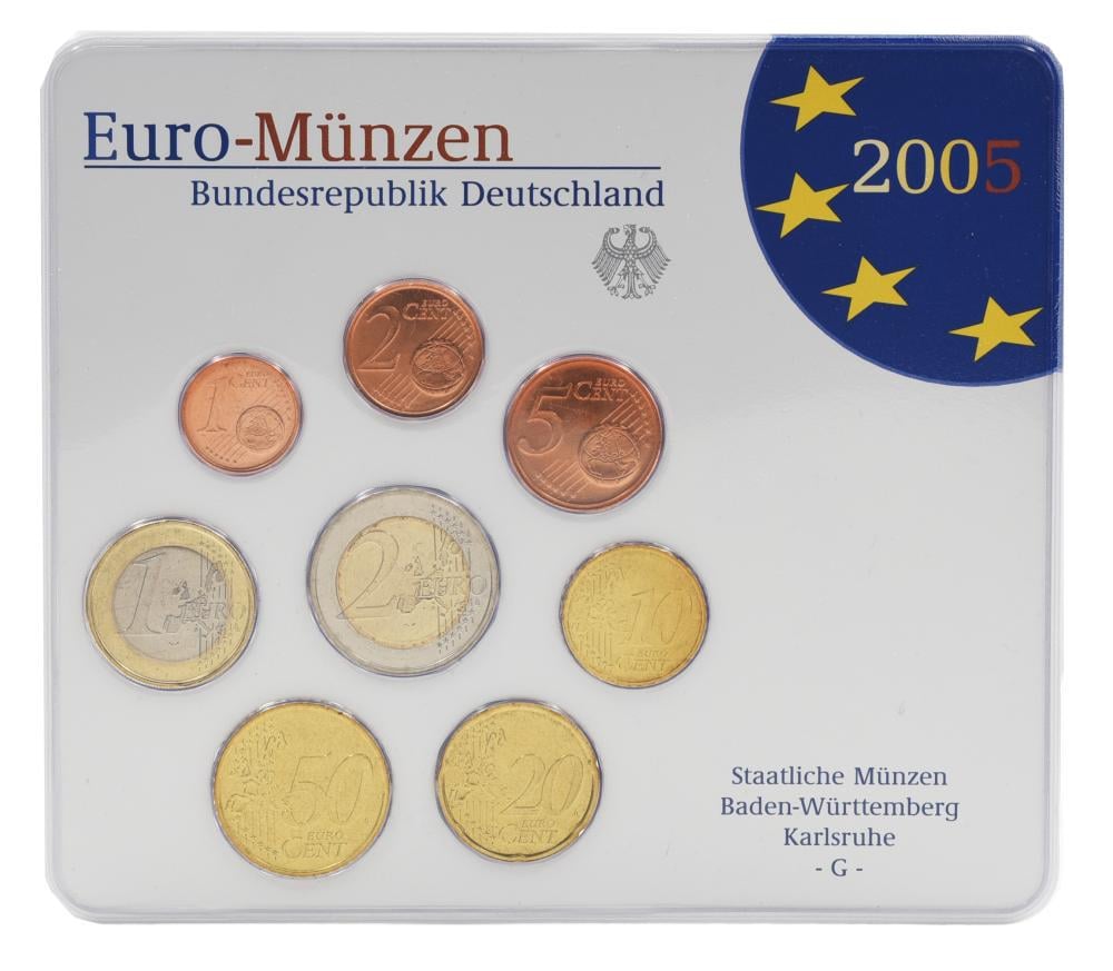 Коллекционные монеты Германия набор из 8 монет евро 2005 UNC G 1/2/5/10/20/50 евроцентов 1/2 евро в сувенирной упаковке (М23497)