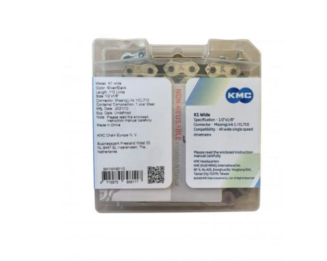 Цепь на велосипед KMC K1 Wide BMX/FIX односкоростная 1/2x1/8 110 звеньев с замком Silver/Black (BK1WNB110) - фото 2 Цепь на велосипед KMC K1 Wide BMX/FIX односкоростная 1/2x1/8 110 звеньев с замком Silver/Black (BK1WNB110) - фото 2