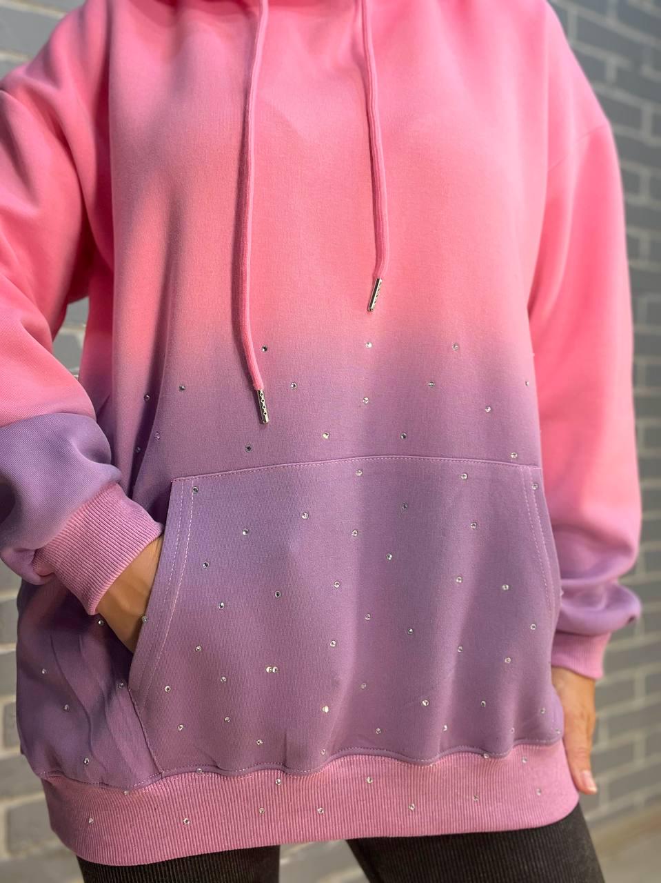 Худі жіноче JOY ONE 3009 з капюшоном подовжене градієнт кольору розсип камінців OS Рожевий (2593) - фото 9