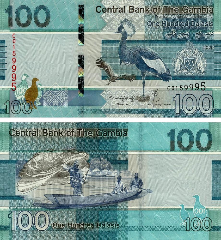 Коллекционная банкнота Гамбия 100 даласи 2020 UNC Птица P41 (Б19103)