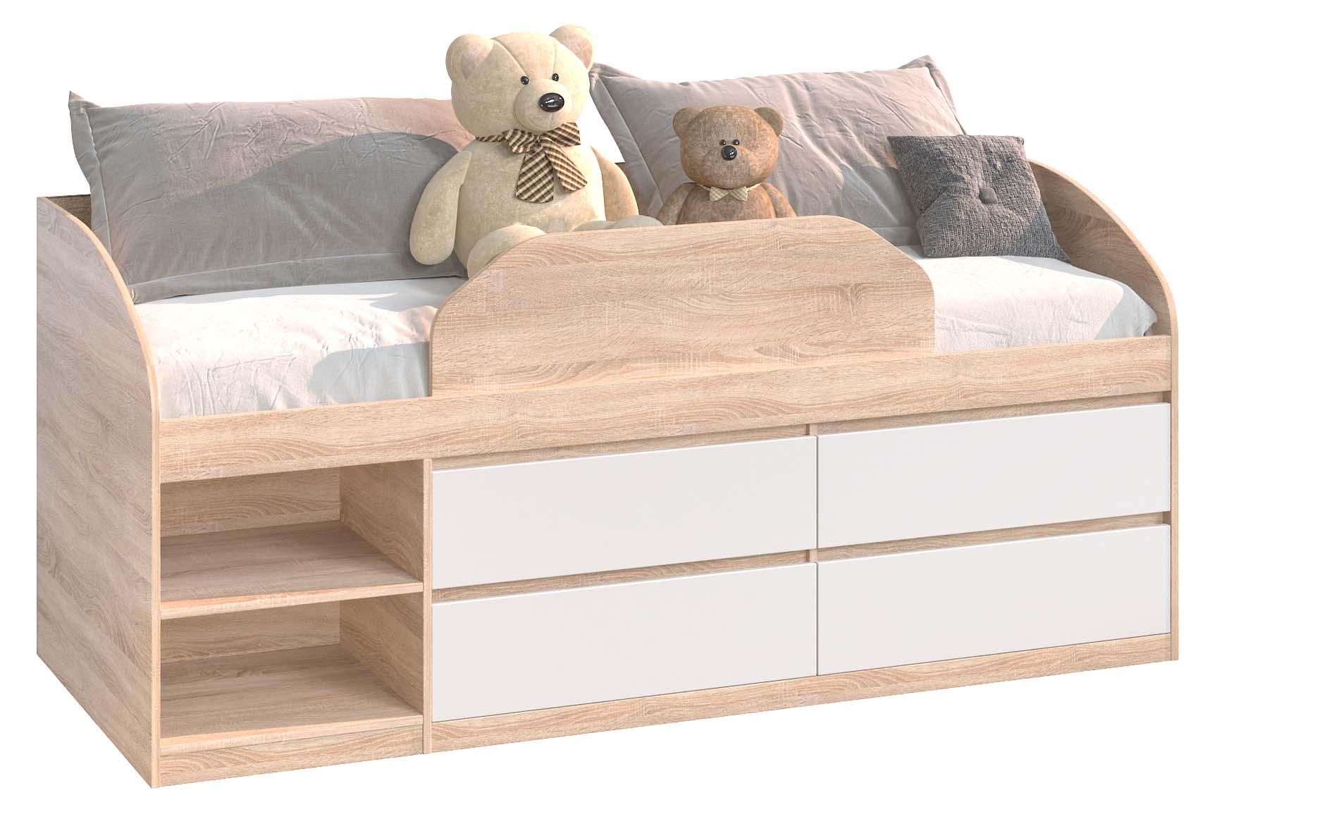 Кровать Мастер Форм Брайт правосторонняя с детским ограничителем и ящиками 835x2032x840 мм Дуб сонома/Белый (31176)