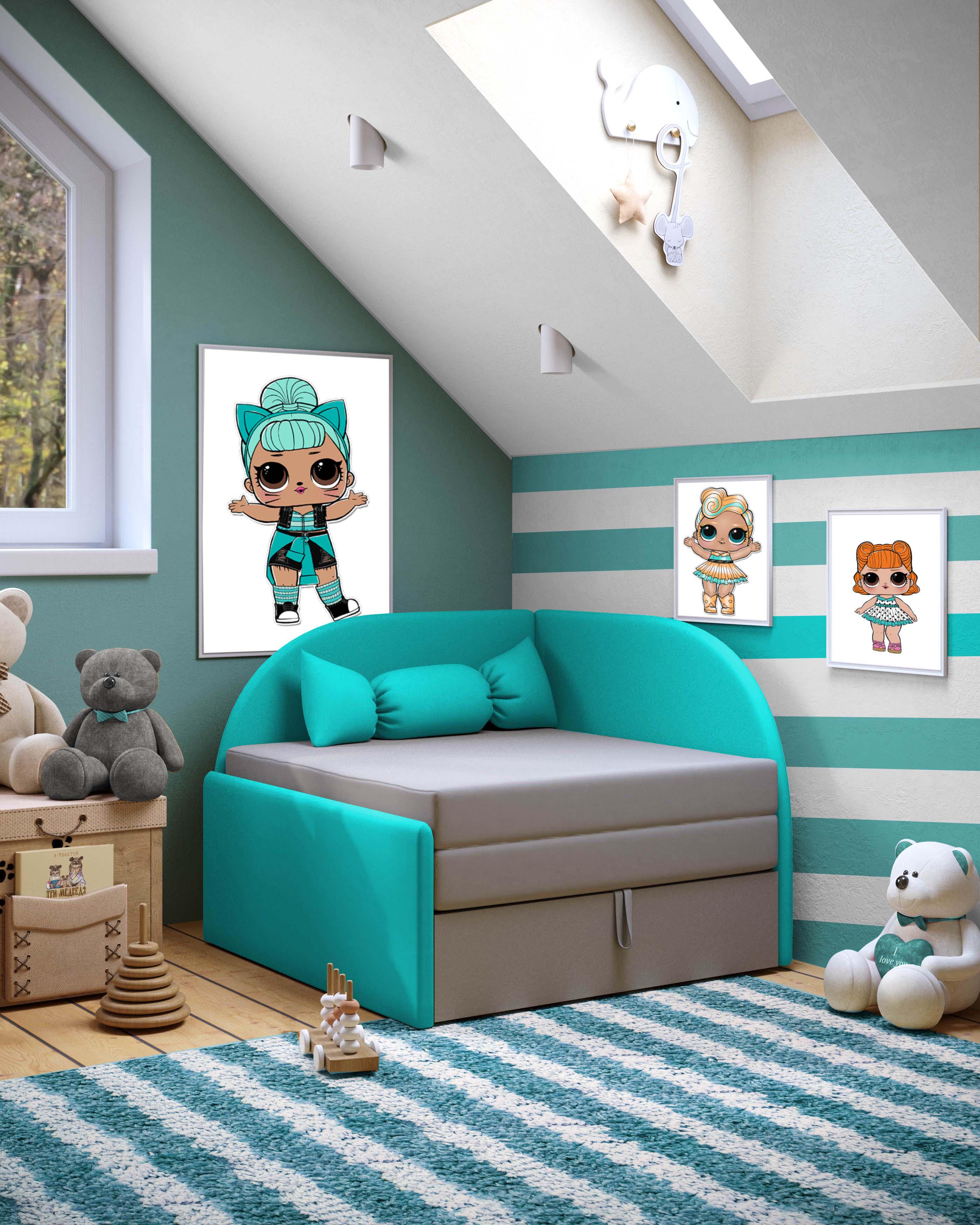 Кресло-кровать правое МАЛЯТКО 06 1730x890x670 мм Бирюзовый/Серый