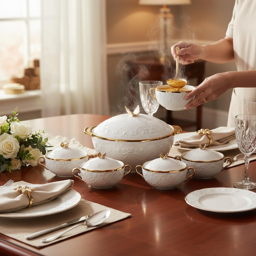 Сервиз суповой фарфоровый Amphora на 6 персон супница 3 л с 6 бульонницами 300 мл 7 предметов Белый/Золотой (SPW-16) - фото 5 Сервиз суповой фарфоровый Amphora на 6 персон супница 3 л с 6 бульонницами 300 мл 7 предметов Белый/Золотой (SPW-16) - фото 5